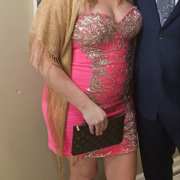 Jovani Barbiecore Ruched Rhinestone/Sequined Embellished Strapless Mini Dr… - Picture 1 of 5